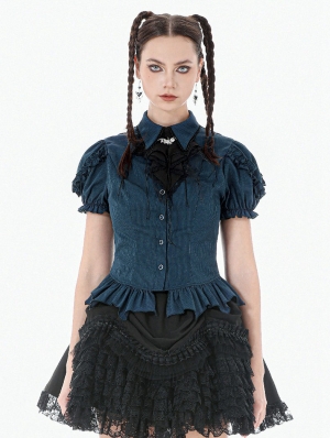 Blue Gothic Academy Striped Puff Sleeve Blouse for Women