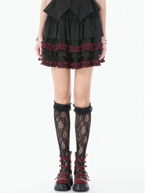 Black and Red Gothic Tiered Ruffle Short Skirt