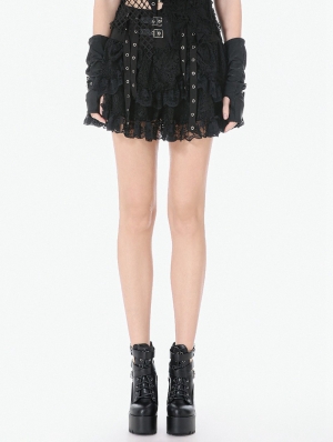 Black Gothic Punk Eyelet Lace Layered Mini Skirt