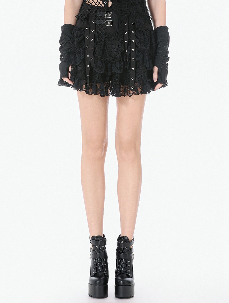 Black Gothic Punk Eyelet Lace Layered Mini Skirt