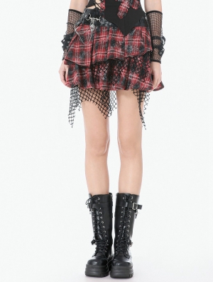 Red and Black Plaid Gothic Punk Distressed Chain Skirt