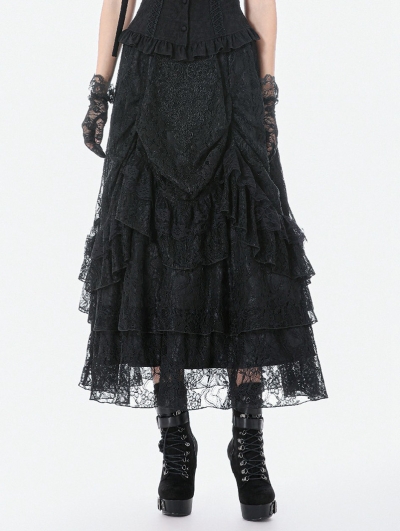 Black Vintage Gothic Lace Ruffle Layered Maxi Skirt