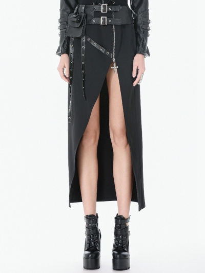 Black Gothic Punk Utility Asymmetric Zip Slit Long Skirt