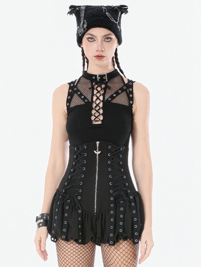 Black Dark Gothic Punk Mesh Strap Halter Top for Women
