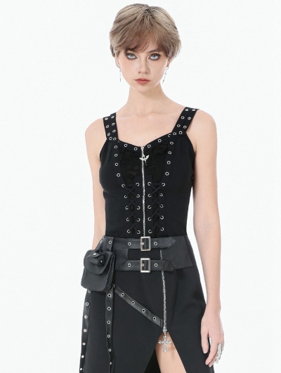 Black Gothic Punk Metal Distressed Lace-Up Vest Top for Women