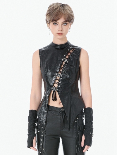 Black Gothic Punk Distressed Leather Lace-Up Vest Top for Women
