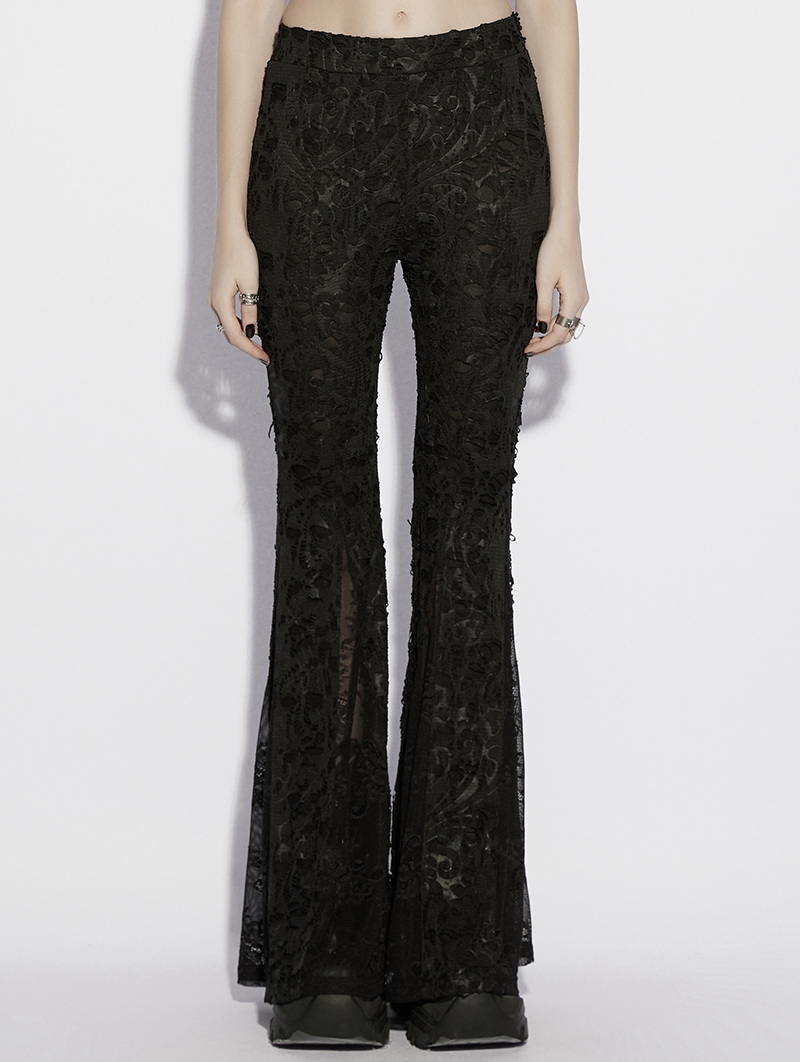 Black Gothic Jacquard Lace Flared Pants for Women