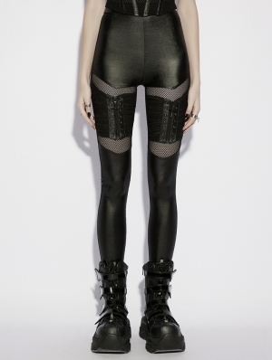 Black Gothic Punk Pleated Mesh Splicing Leggings for Women