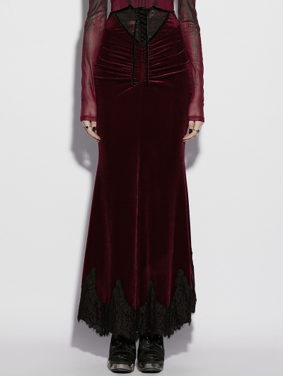 Red Gothic High Waist Ruched Velvet Fishtail Skirt