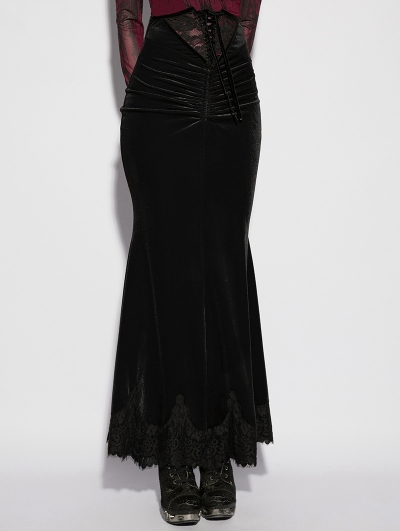Black Gothic High Waist Ruched Velvet Fishtail Skirt