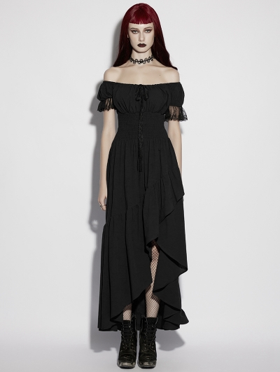 Black Gothic Daily Jacquard Short Sleeves Irregular High-Low Dress