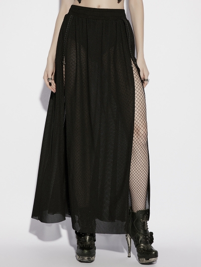 Black Gothic Sexy Perspective Mesh Slit Long Skirt