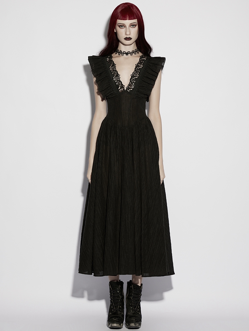 Black Gothic Romantic Sexy Deep V-Neck Flutter Sleeve Long Dress