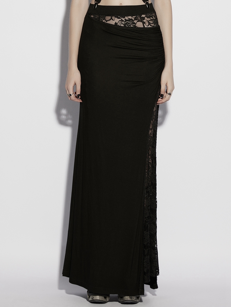 Black Gothic Asymmetrical Ruched Lace Fishtail Long Skirt