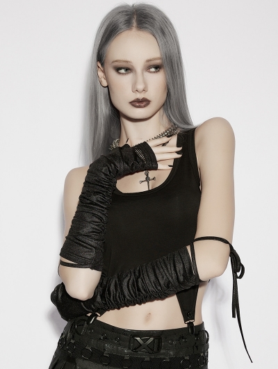 Black Gothic Wasteland Ruched Rivet Strap Gloves