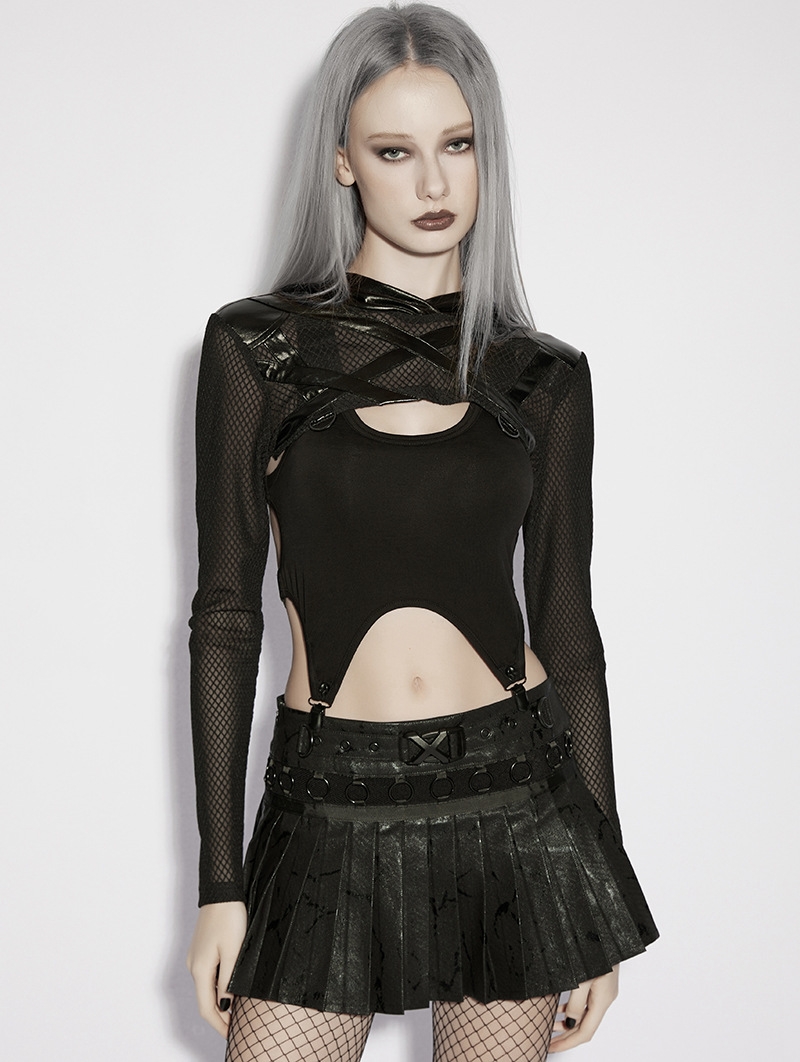 Black Gothic Punk Pullover Hooded Ultra Crop Top for Women