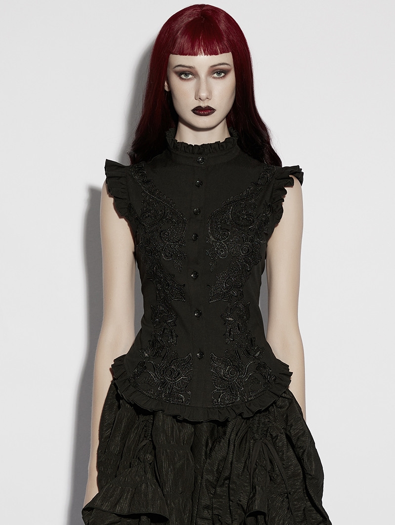 Black Gothic Embroidered Lace Stand Collar Shirt for Women