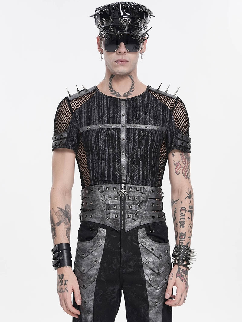 Grey Punk Gothic Cut Out Studded Girdle for Men