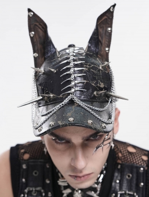 Black Gothic Punk Spike Studded Ear Hat with Chain