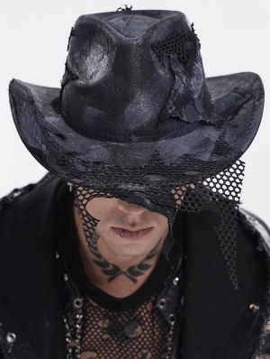 Black Punk Gothic Distressed Fishnet Cowboy Hat