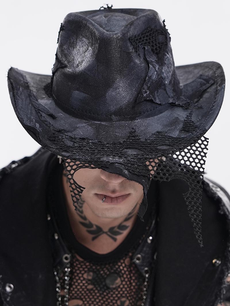 Black Punk Gothic Distressed Fishnet Cowboy Hat