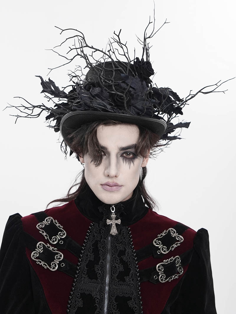 Black Victorian Gothic Rose Branch Top Hat