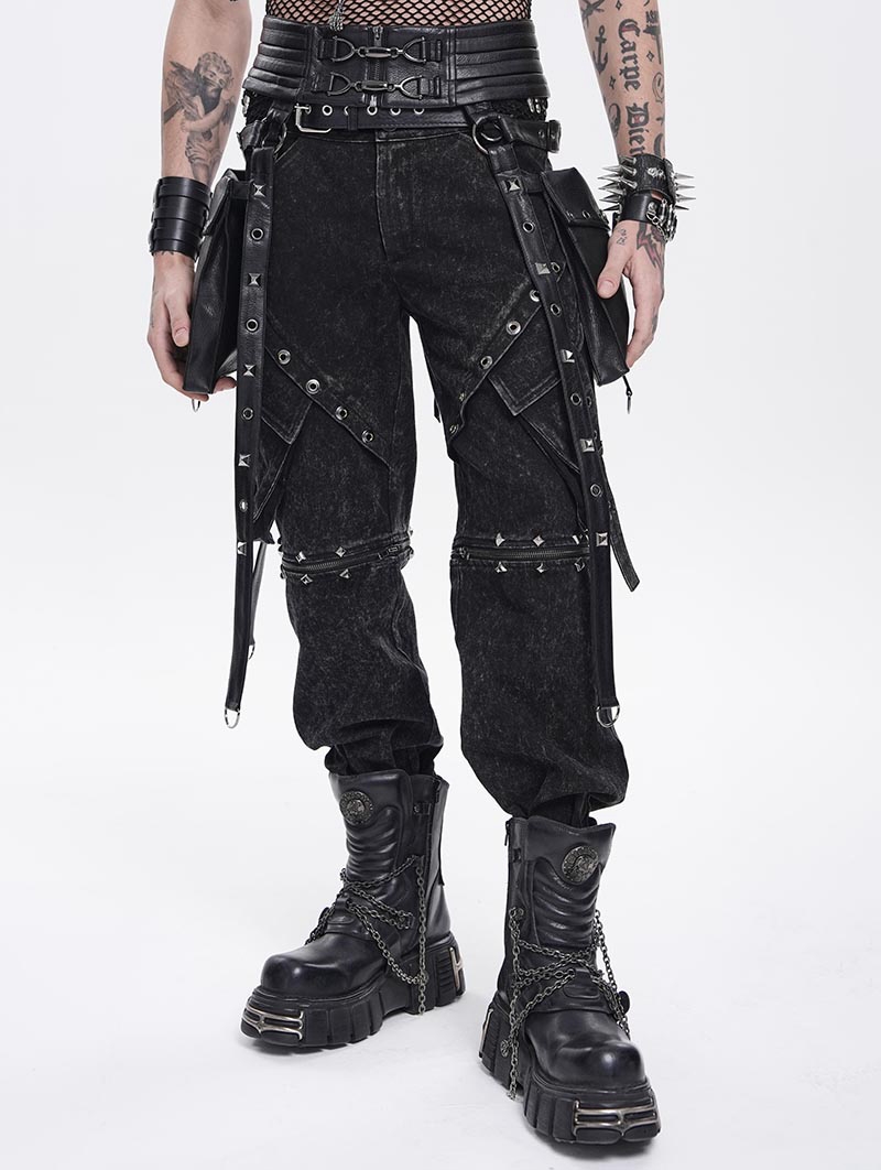 Black Gothic Punk Studded Strap Leather Belt with Bag