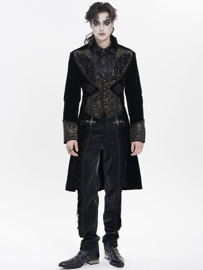 Black and Gold Brocade Retro Gothic Velvet Tailcoat for Men