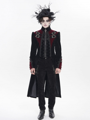 Black and Red Gothic Vintage Embroidered Velvet Tailcoat for Men