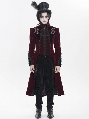 Red and Black Gothic Vintage Embroidered Velvet Tailcoat for Men