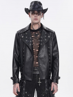 Black Gothic Punk Asymmetric Zip Eyelet Lapel Jacket for Men