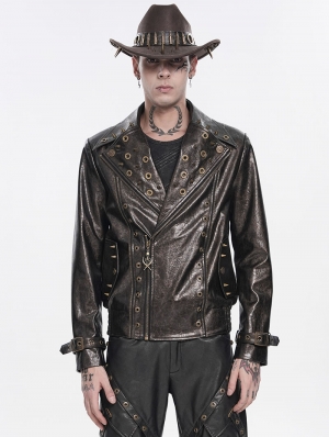 Brown Gothic Punk Asymmetric Zip Eyelet Lapel Jacket for Men