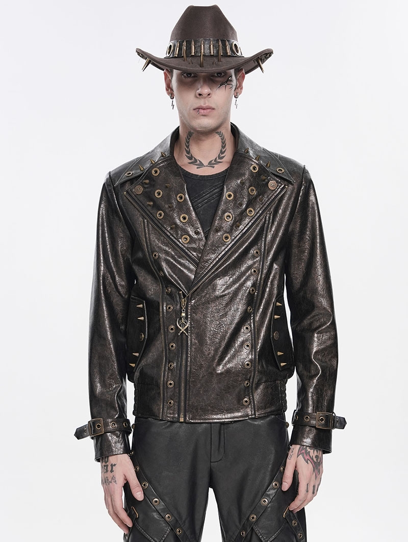 Brown Gothic Punk Asymmetric Zip Eyelet Lapel Jacket for Men