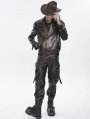 Brown Gothic Punk Asymmetric Zip Eyelet Lapel Jacket for Men