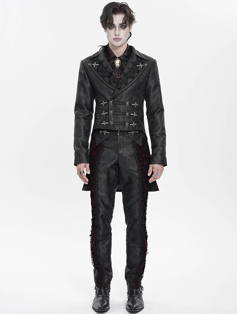 Black Gothic Retro Jacquard Pattern Tailcoat for Men