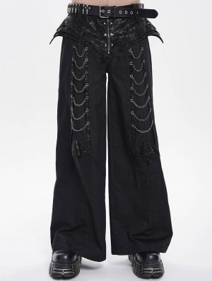 Black Gothic Punk Studded Chain Wide Leg Pants for Men