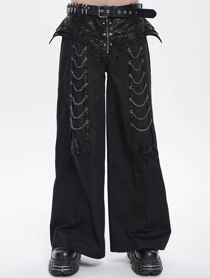 Black Gothic Punk Studded Chain Wide Leg Pants for Men