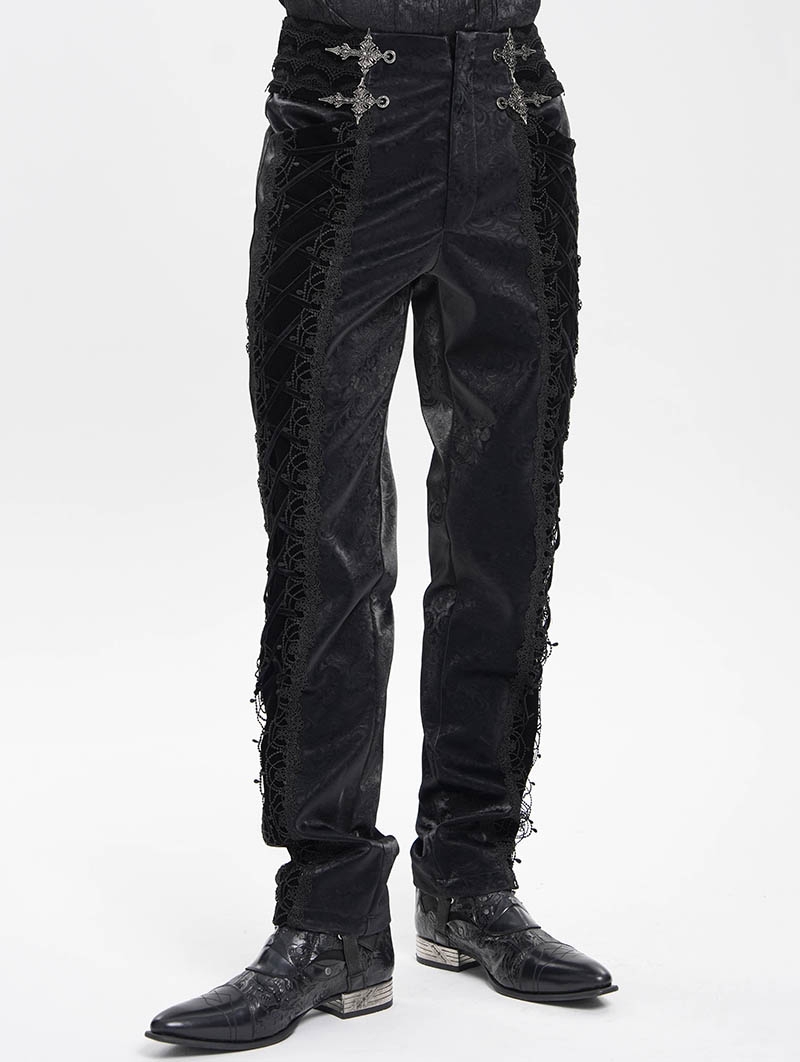 Black Retro Gothic Embroidery Velvet Panel Pants for Men