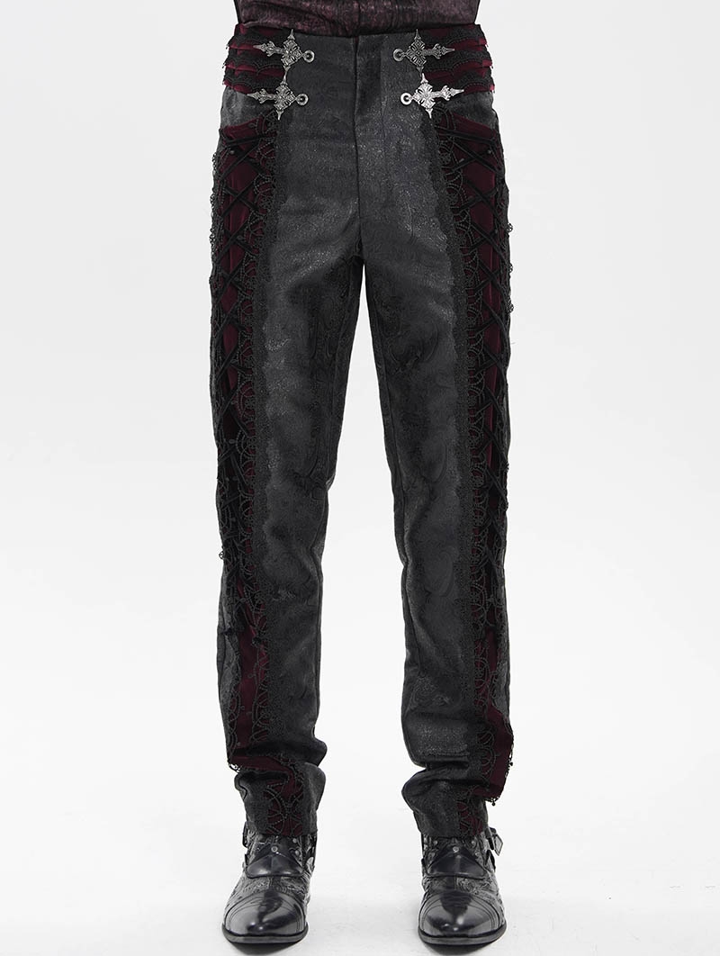 Black and Red Retro Gothic Embroidery Velvet Panel Pants for Men
