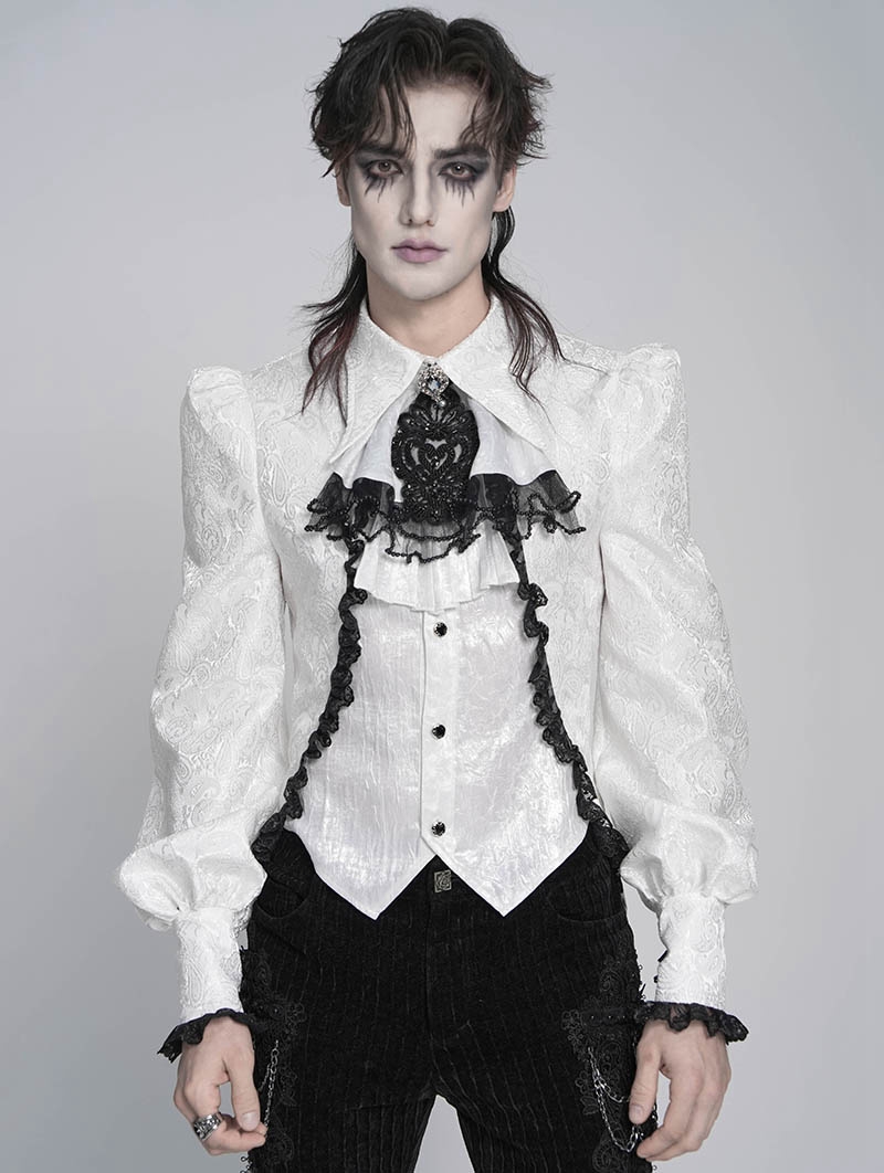 White Gothic Floral Pattern Swallow-Tailed Shirt for Men
