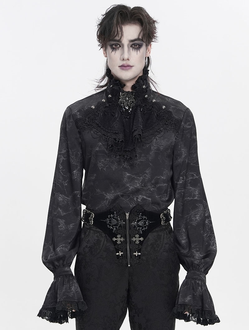 Black Gothic Victorian Ruffled Stand-Up Collar Shirt for Men