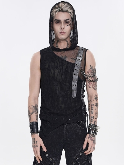 Black Gothic Punk Hooded Asymmetric Tank Top for Men