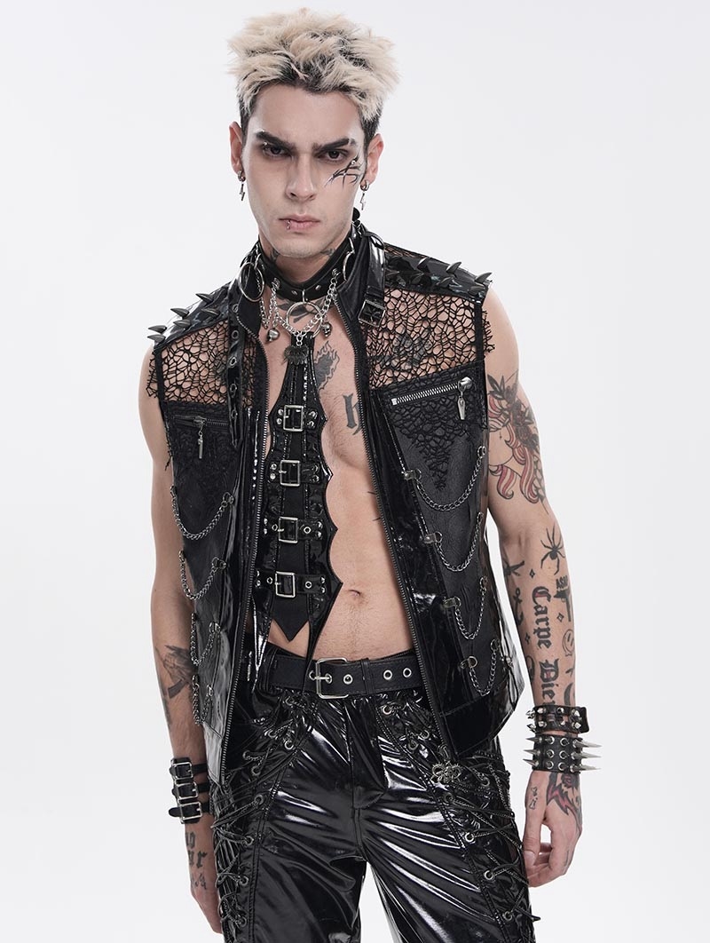 Black Gothic Punk Rock Spiked Leather Vest for Men