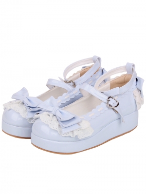 Blue and White Lace Bow Platform Wedge Shoes
