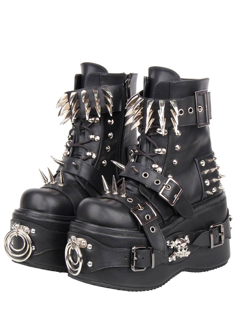 Black Gothic Punk Skull Spiked Rivet Platform Boots