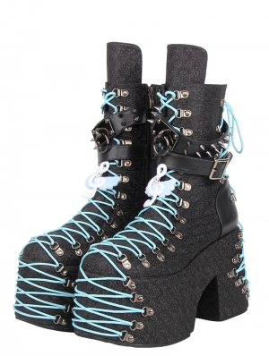 Black Gothic Blue Strappy High Platform Heeled Boots