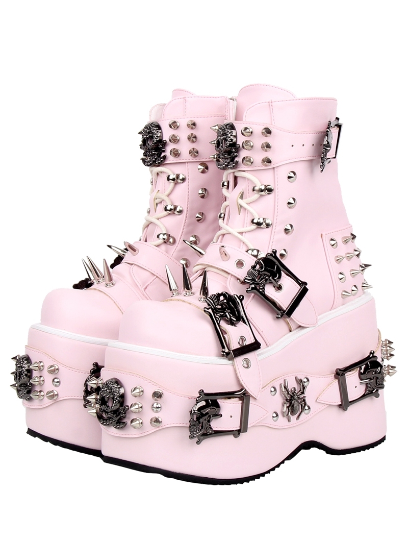 Pink Punk Gothic Skull Buckle Belt Platform Boots