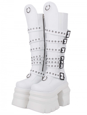 White Punk Buckle Rivet Platform High Heel Boots