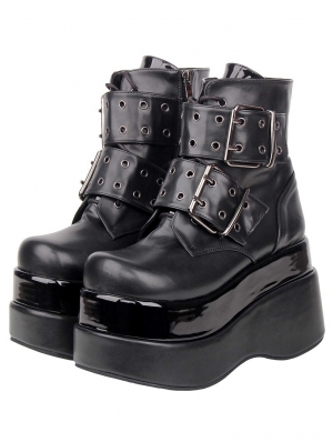 Black Round Toe Double Buckle Platform Ankle Boots