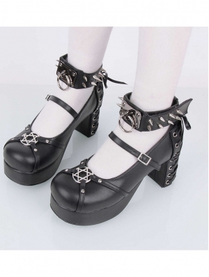 Black Gothic Pentagram Rivet Strappy High Heel Shoes